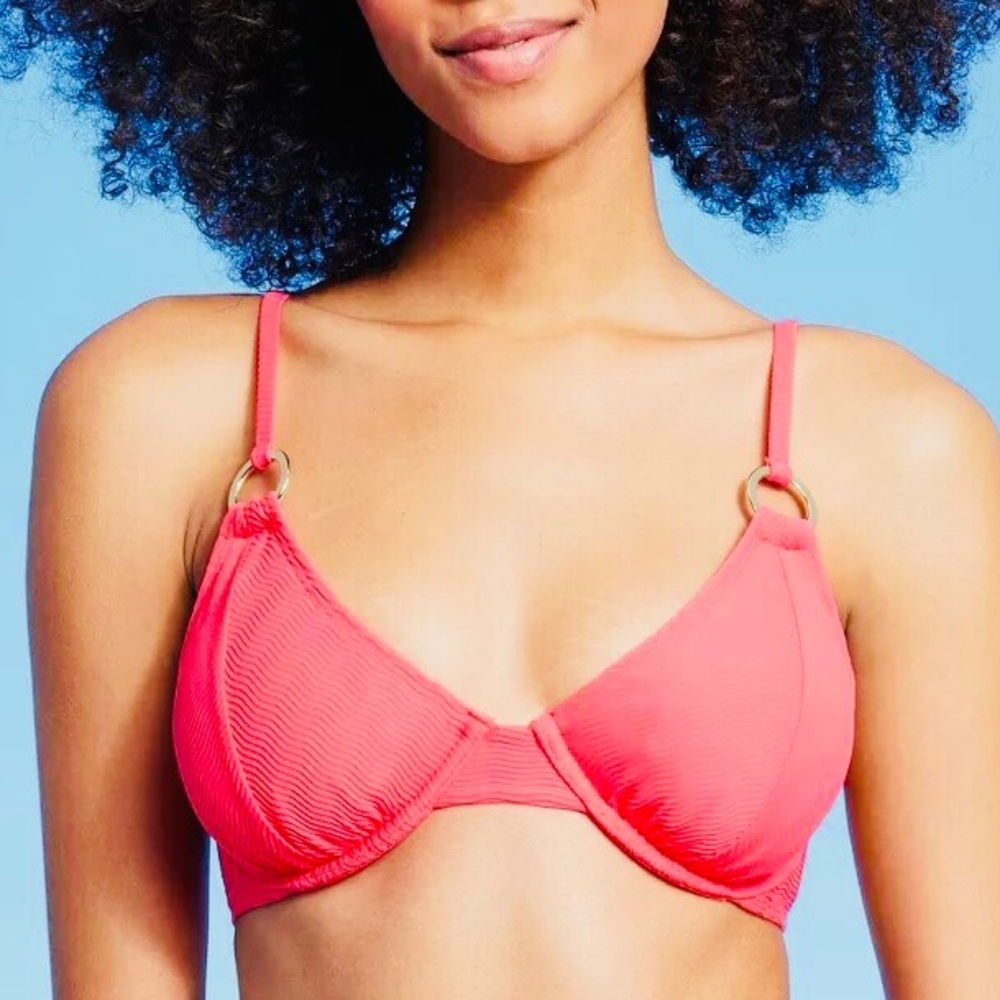 Shade and Shore Bikini Top Coral Pink Gold Rings Size 34B